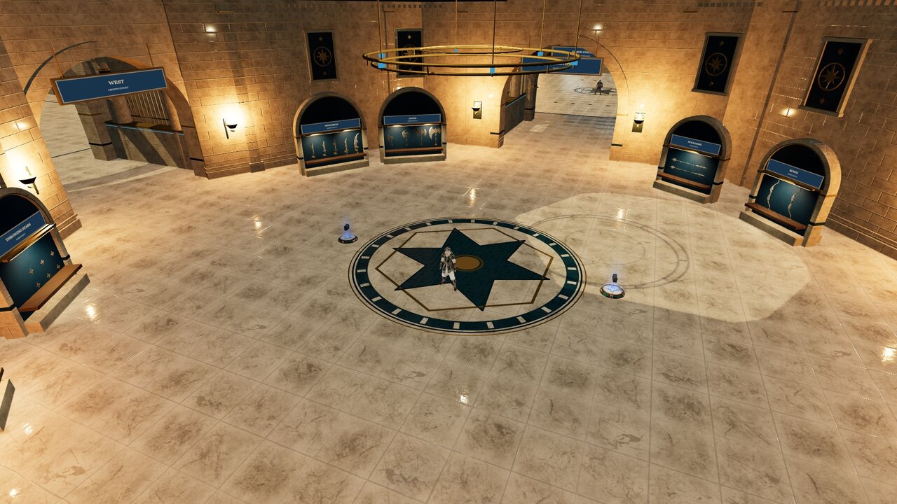 The Crown Armory from above: polished marble, the lapis star floor, lamplit walls and the weapon display cases