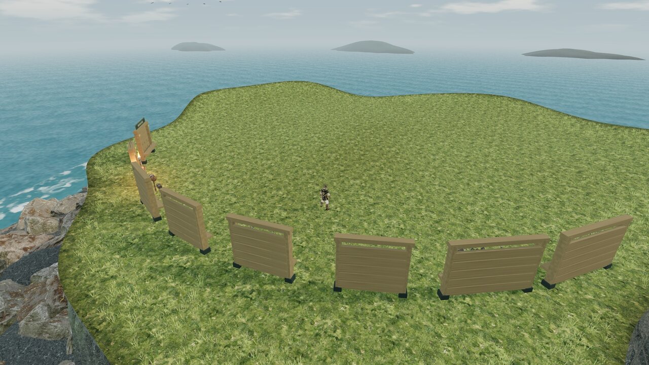 Basalt Reach: a grass-topped island above the sea, ringed by weapon racks