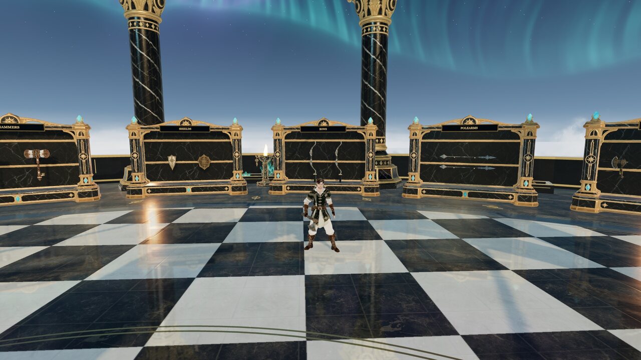 Eclipse Court: a checkered marble floor under an aurora, black-and-gold columns and display cases