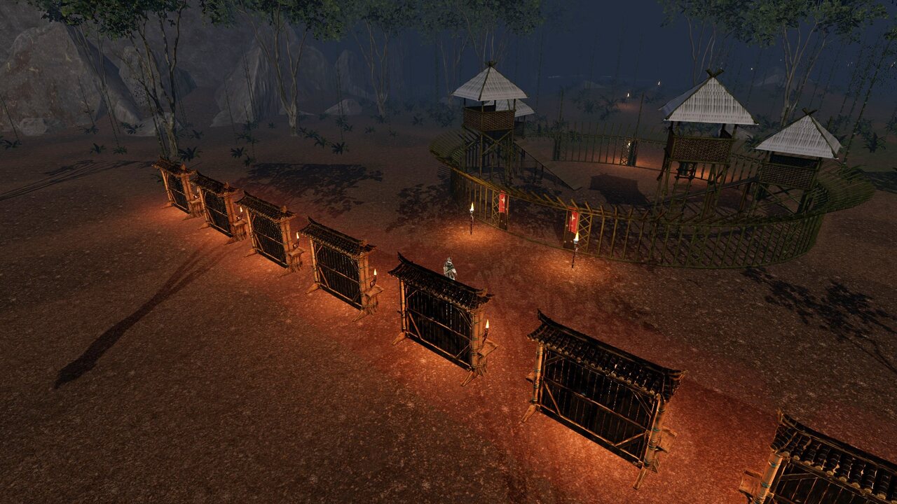 The Asian Astral Forest at night: torch-lit weapon pavilions before a bamboo fort with watchtowers